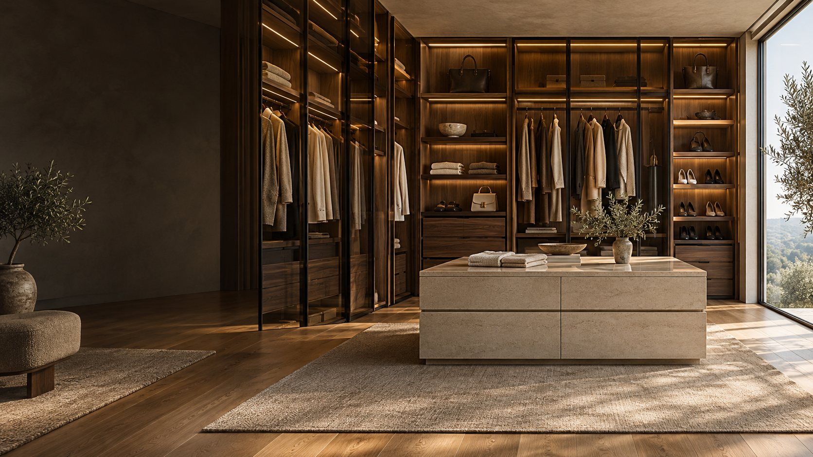 Design concept of a walnut walk-in closet with glass fronts, warm lighting and a stone island